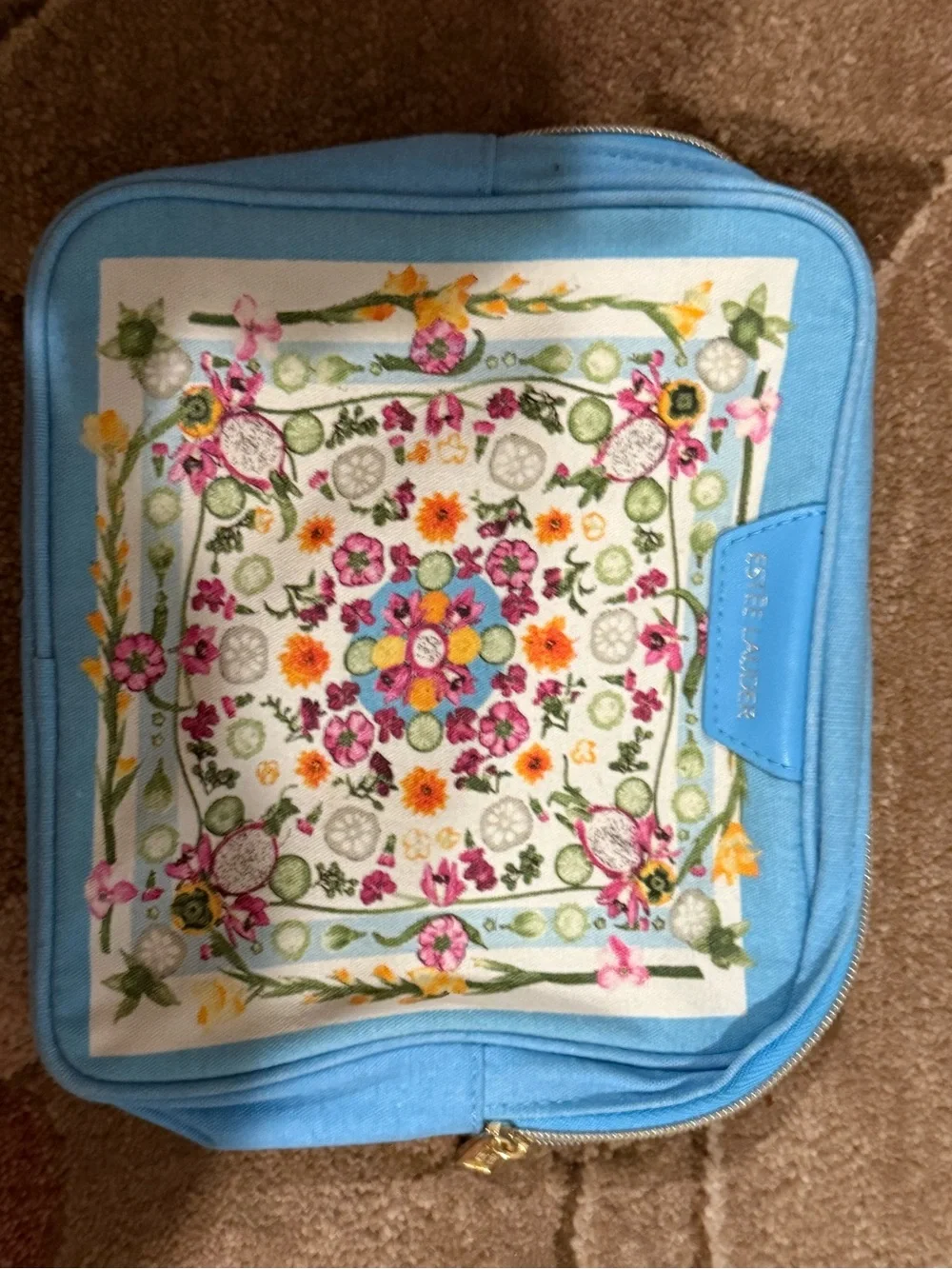 Estee Lauder Blue Floral Embroidered Cosmetic Case